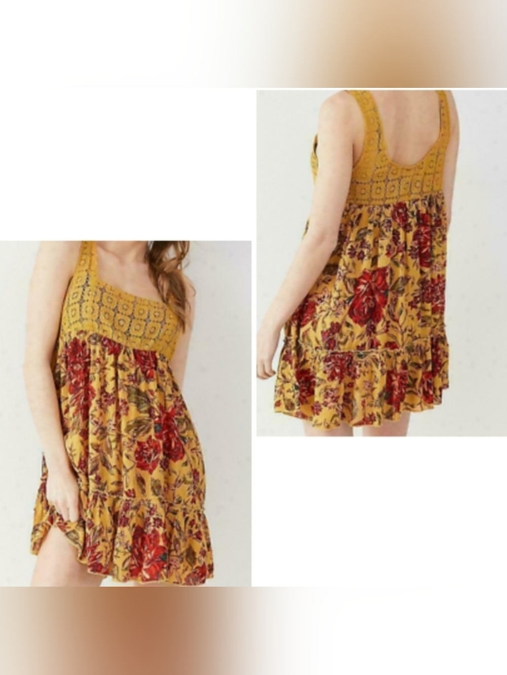 Urban Outfitters Out From Under Mustard Yellow Lace Floral Pattern Mini Dress